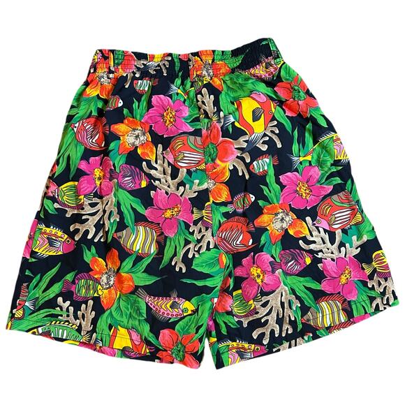 Vintage 90s Pleated Shorts 28x7 Elastic Waist High Rise Tropical Fish Pink Green - Picture 1 of 4